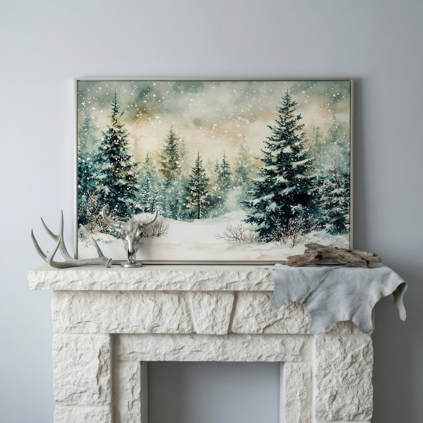 Snowy Forest Landscape Canvas in silver floating frame