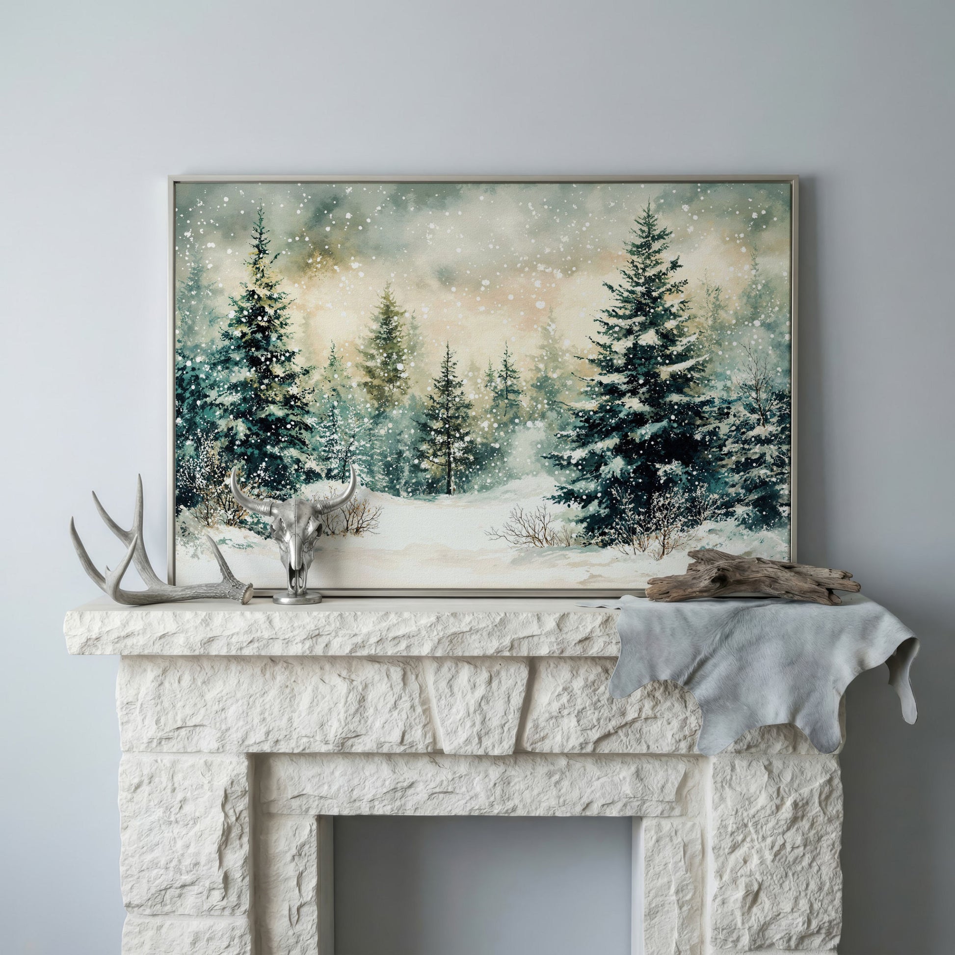 Snowy Forest Landscape Canvas in silver floating frame
