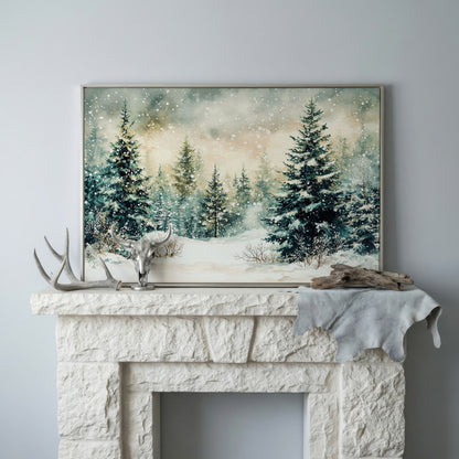 Snowy Forest Landscape Canvas in silver floating frame