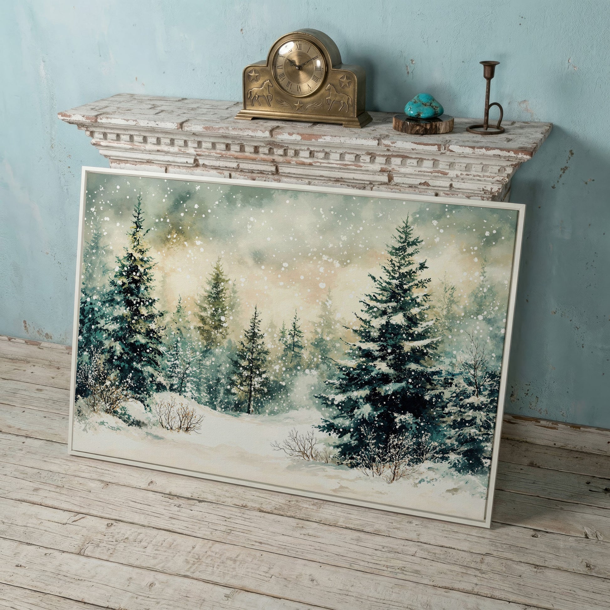 Snowy Forest Landscape Canvas in white floating frame