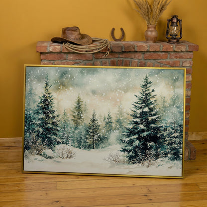 Snowy Forest Landscape Canvas in yellow gold floating frame