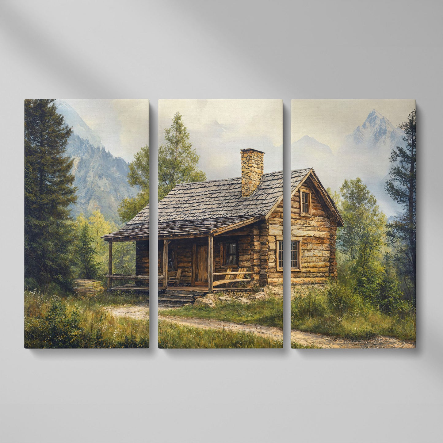 Mountain Cabin Landscape Canvas as 3-panel split version