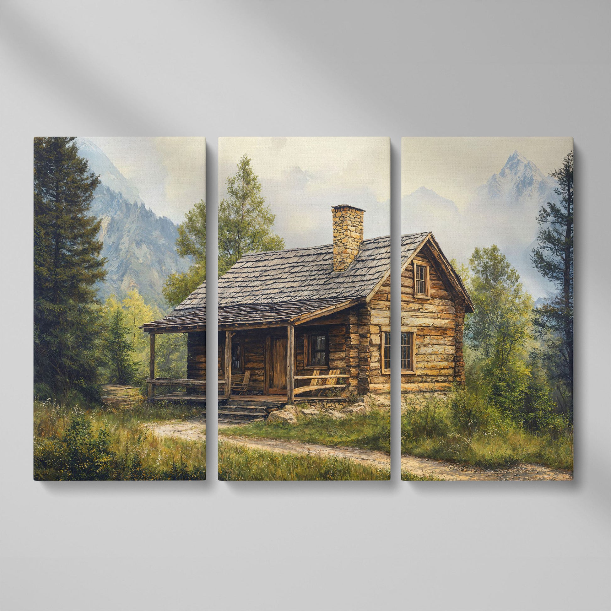 Mountain Cabin Landscape Canvas as 3-panel split version