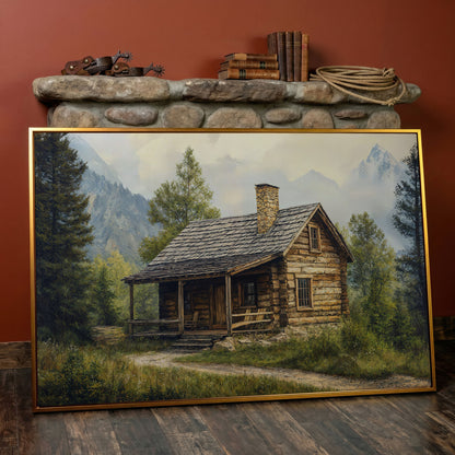 Mountain Cabin Landscape Canvas in antique gold floating frame
