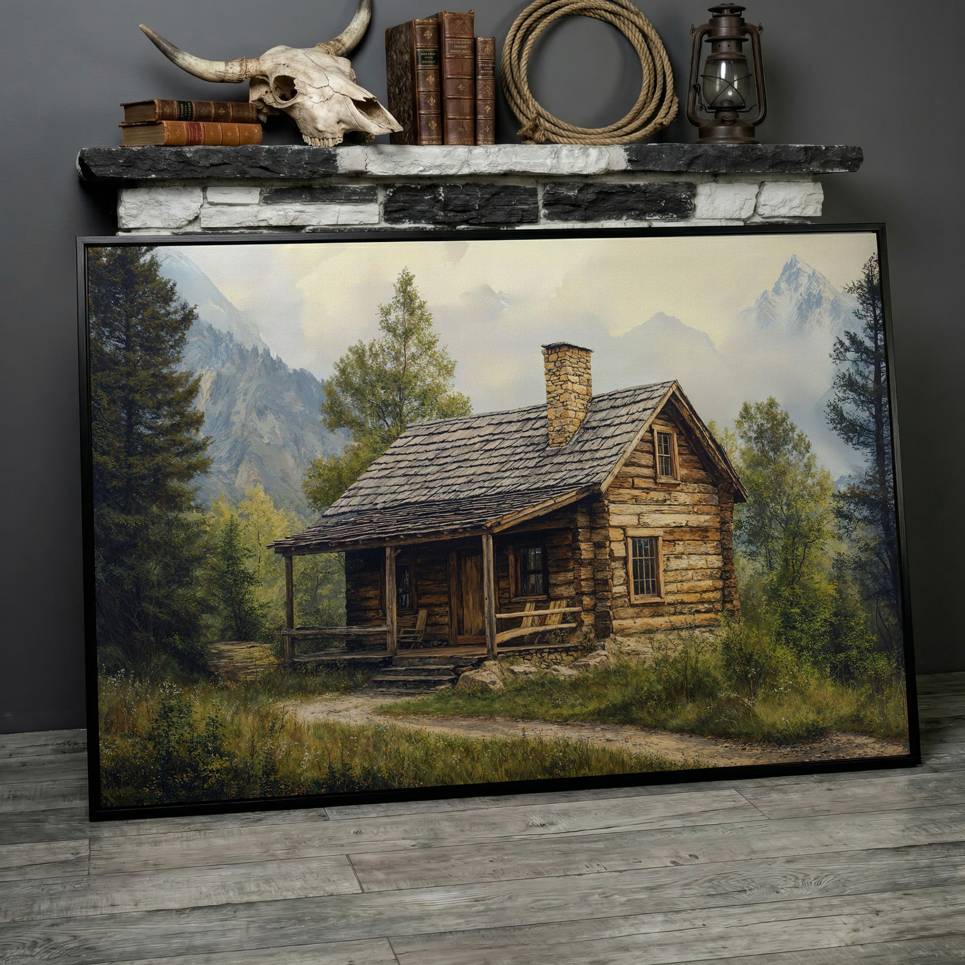 Mountain Cabin Landscape Canvas in black floating frame