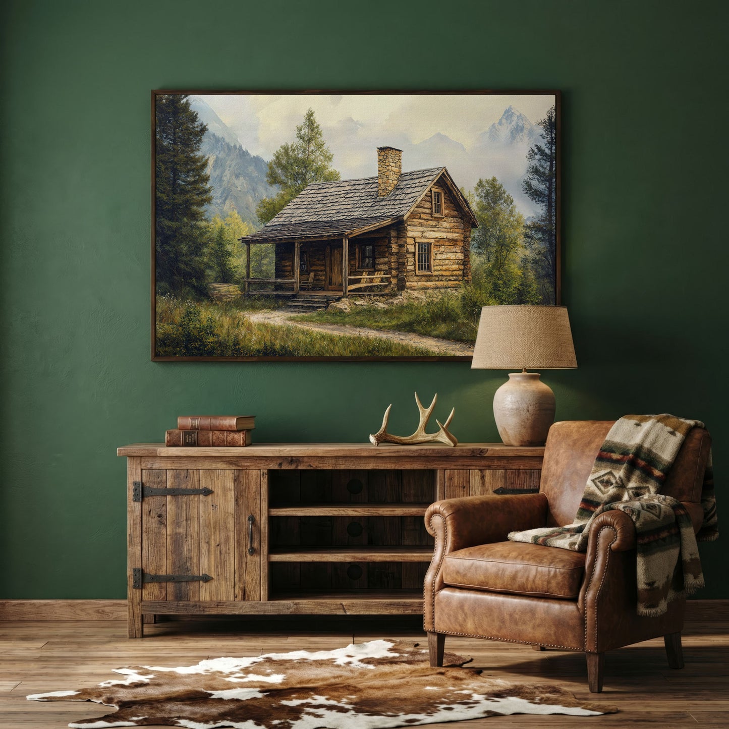 Mountain Cabin Landscape Canvas in dark walnut floating frame