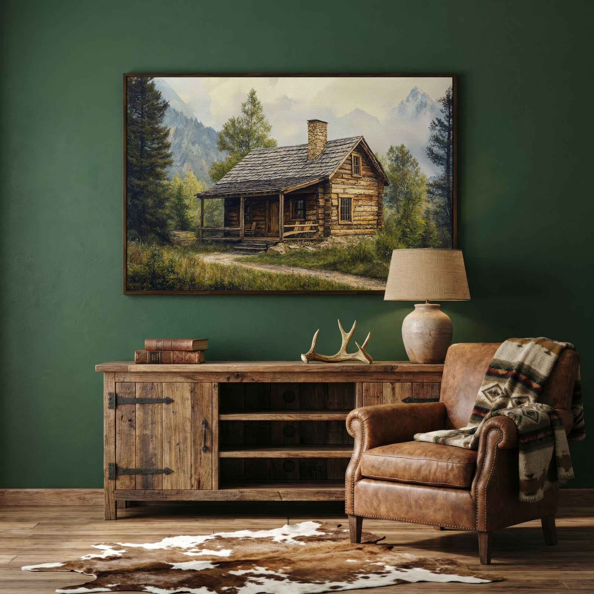Mountain Cabin Landscape Canvas in dark walnut floating frame
