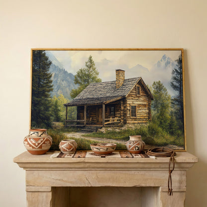 Mountain Cabin Landscape Canvas in white oak floating frame