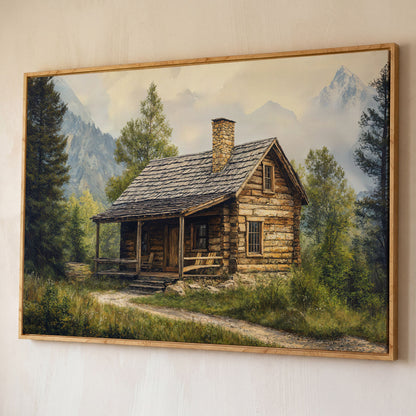 Mountain Cabin Landscape Canvas shown in white oak floating frame