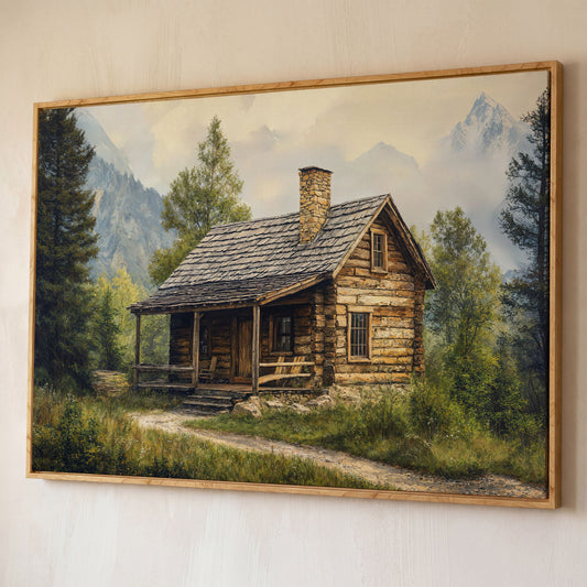 Mountain Cabin Landscape Canvas shown in white oak floating frame