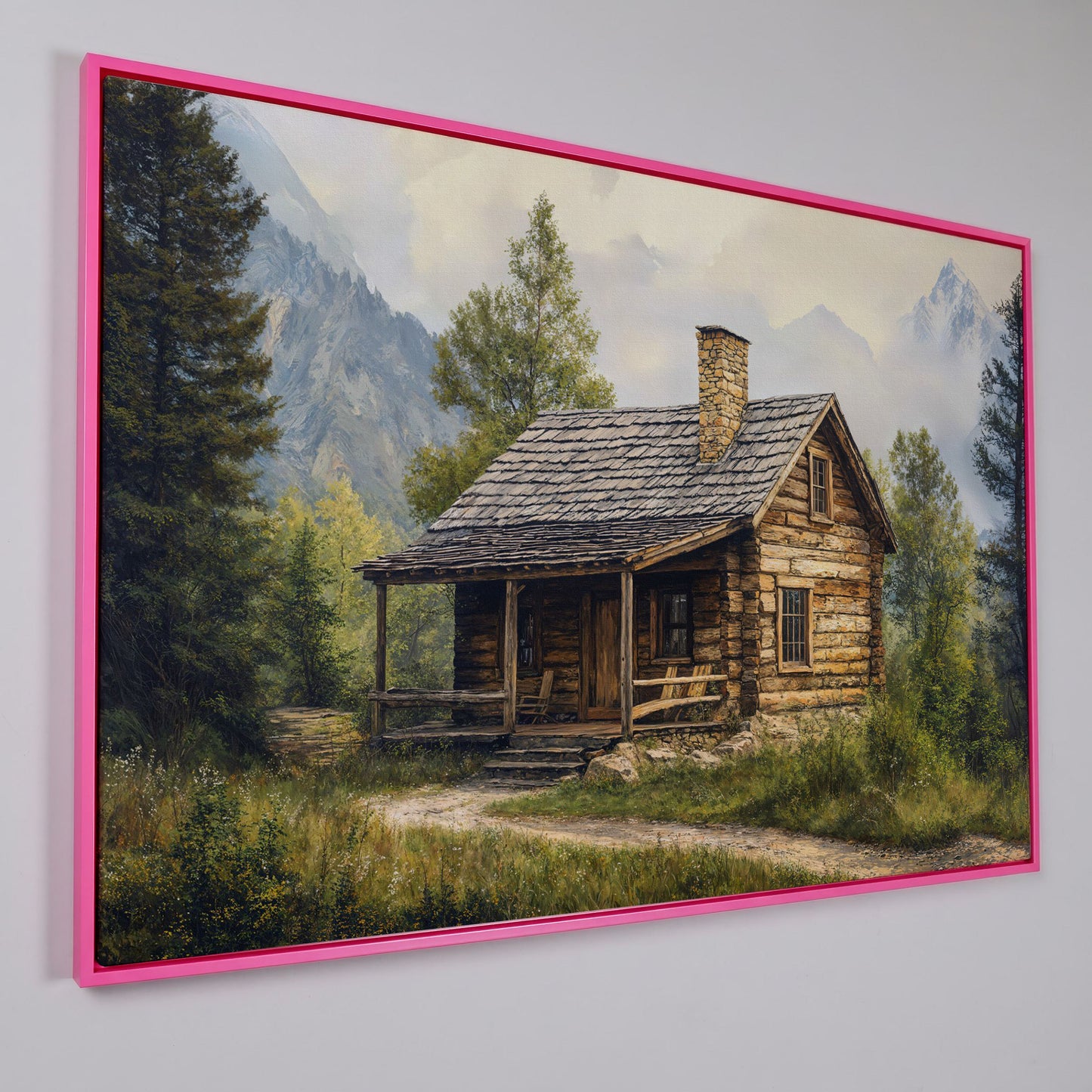 Mountain Cabin Landscape Canvas in pink floating frame