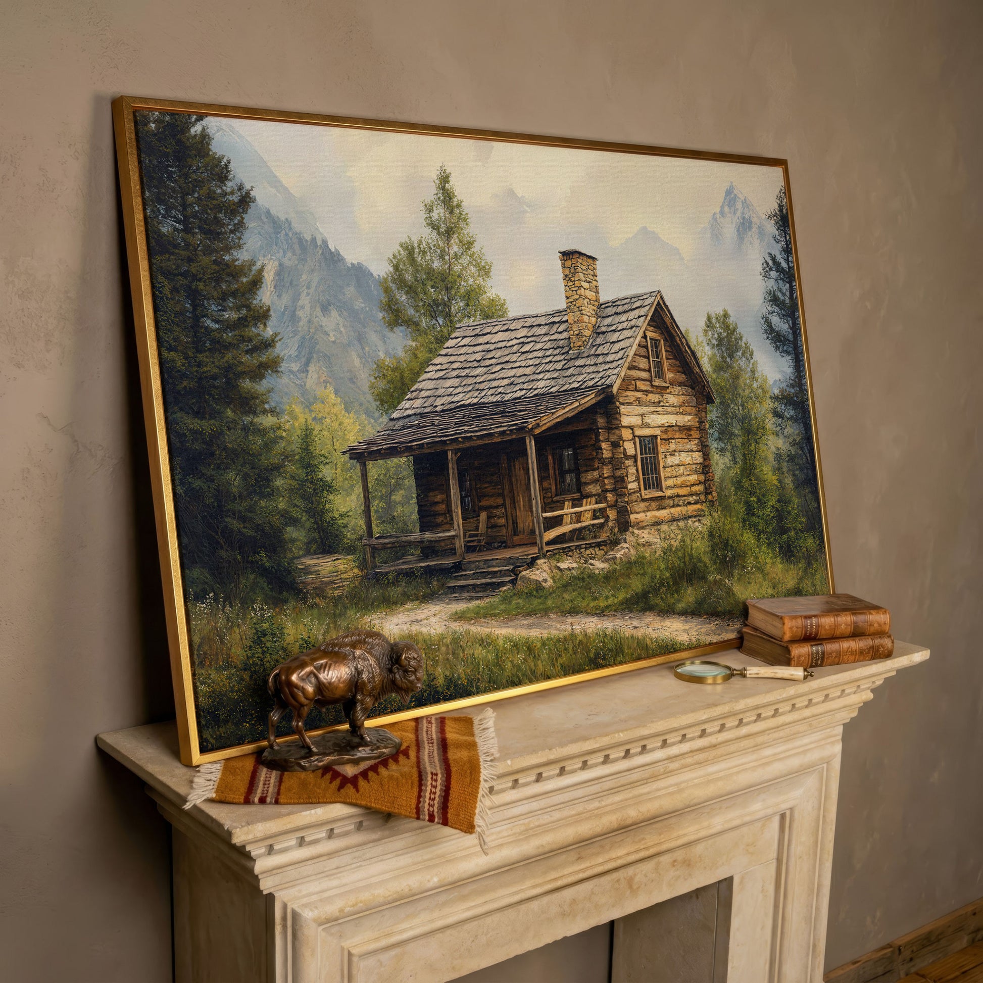 Mountain Cabin Landscape Canvas in rose gold floating frame