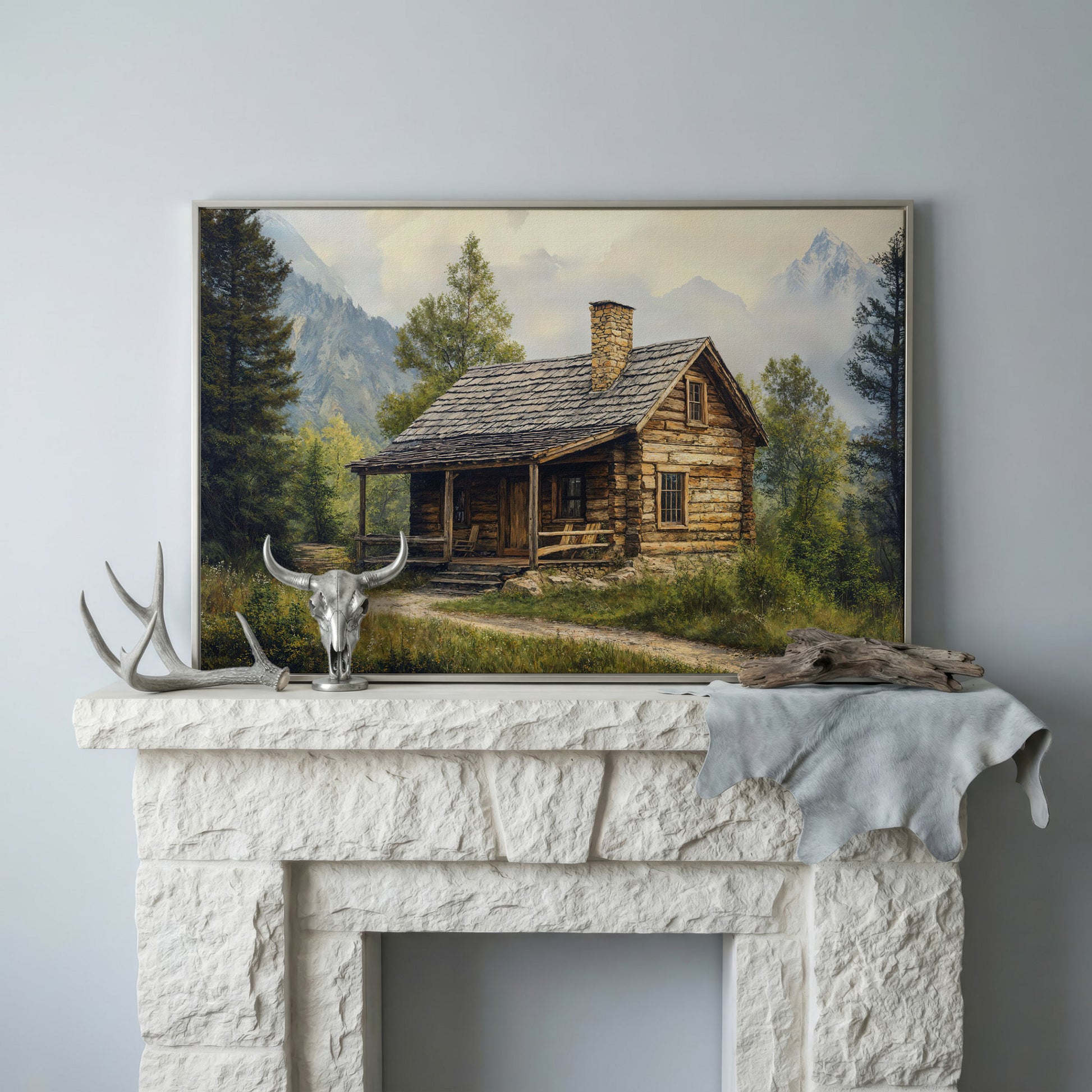 Mountain Cabin Landscape Canvas in silver floating frame