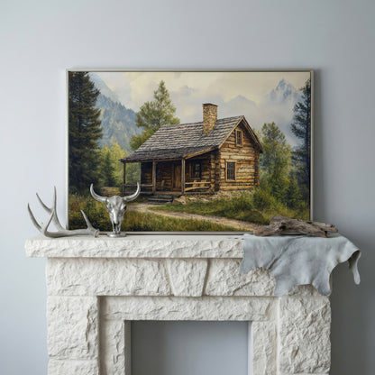 Mountain Cabin Landscape Canvas in silver floating frame