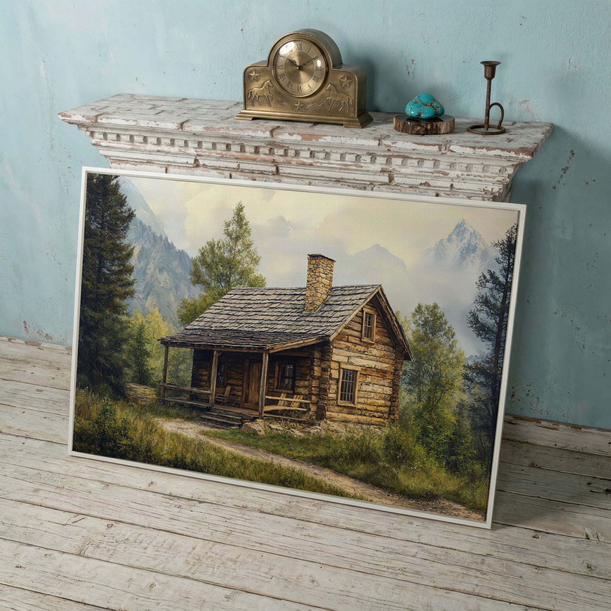 Mountain Cabin Landscape Canvas in white floating frame