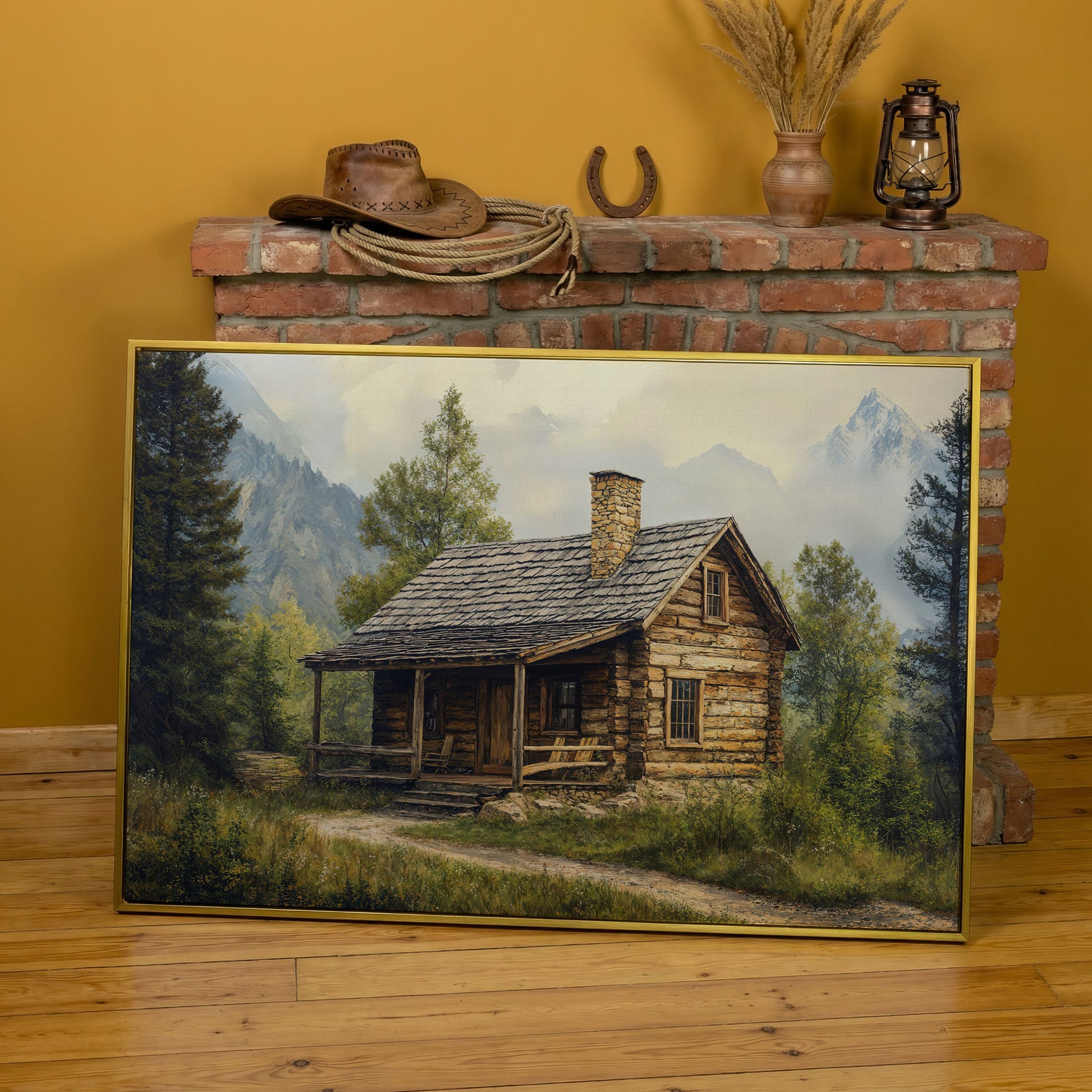 Mountain Cabin Landscape Canvas in yellow gold floating frame