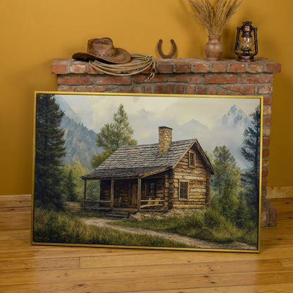 Mountain Cabin Landscape Canvas in yellow gold floating frame