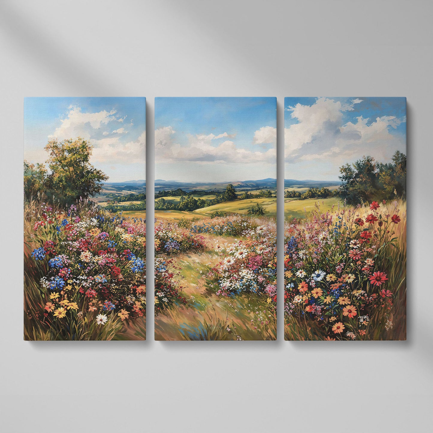 Wildflower Meadow and Rolling Hills Canvas Wall Art as 3-panel split version