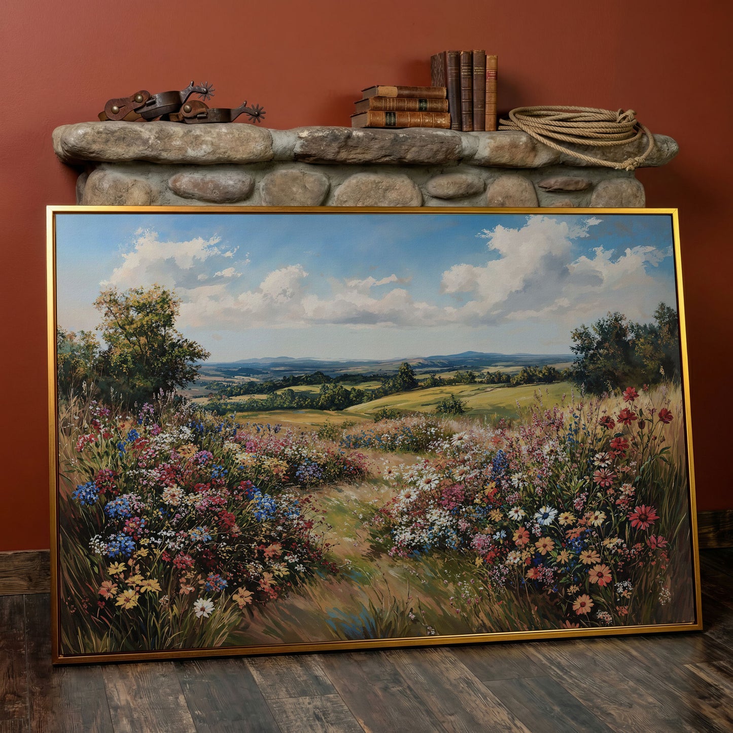 Wildflower Meadow and Rolling Hills Canvas Wall Art in antique gold floating frame