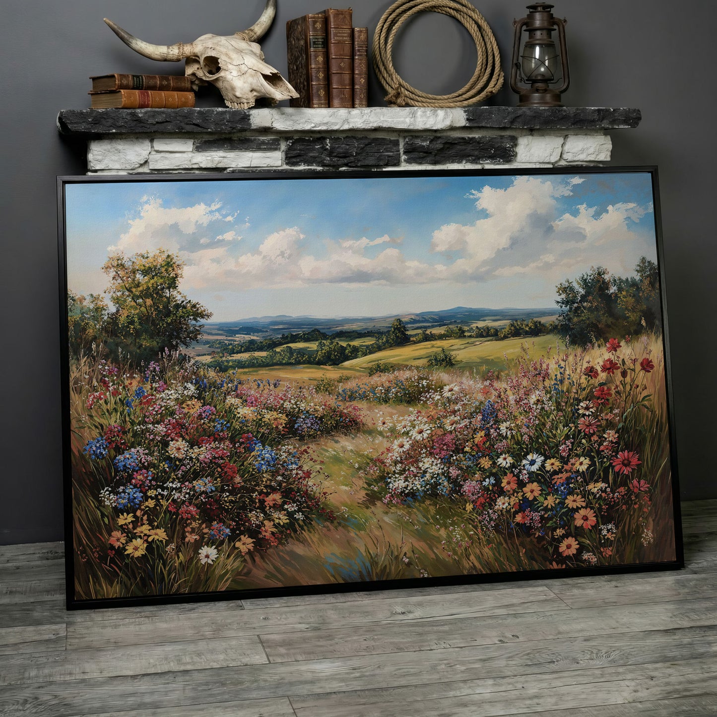 Wildflower Meadow and Rolling Hills Canvas Wall Art in black floating frame