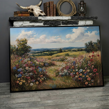 Wildflower Meadow and Rolling Hills Canvas Wall Art in black floating frame