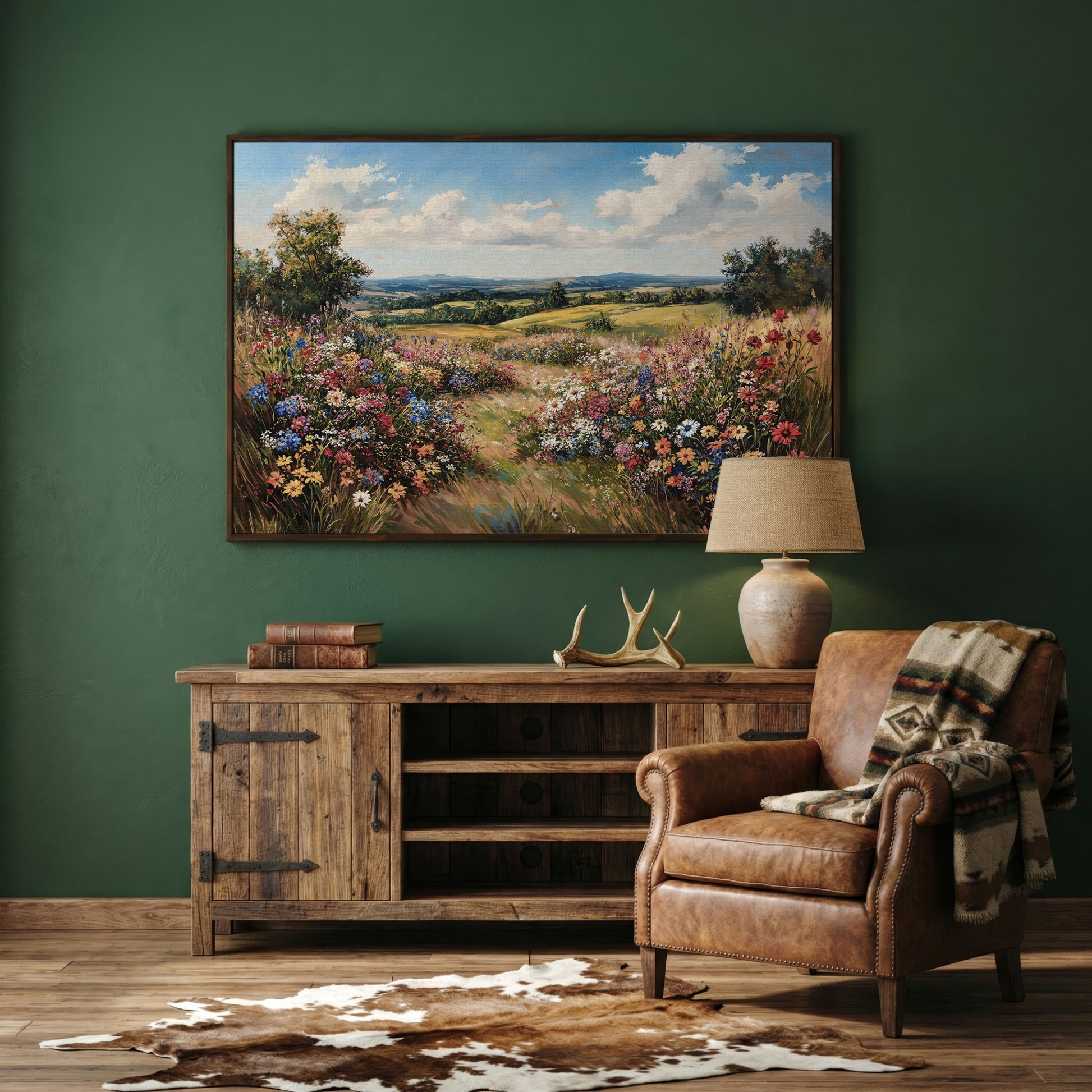 Wildflower Meadow and Rolling Hills Canvas Wall Art in dark walnut floating frame