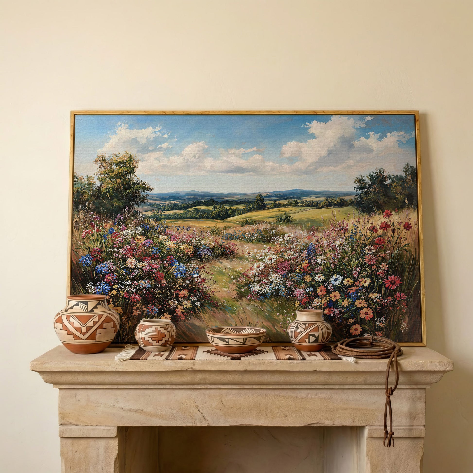 Wildflower Meadow and Rolling Hills Canvas Wall Art in white oak floating frame