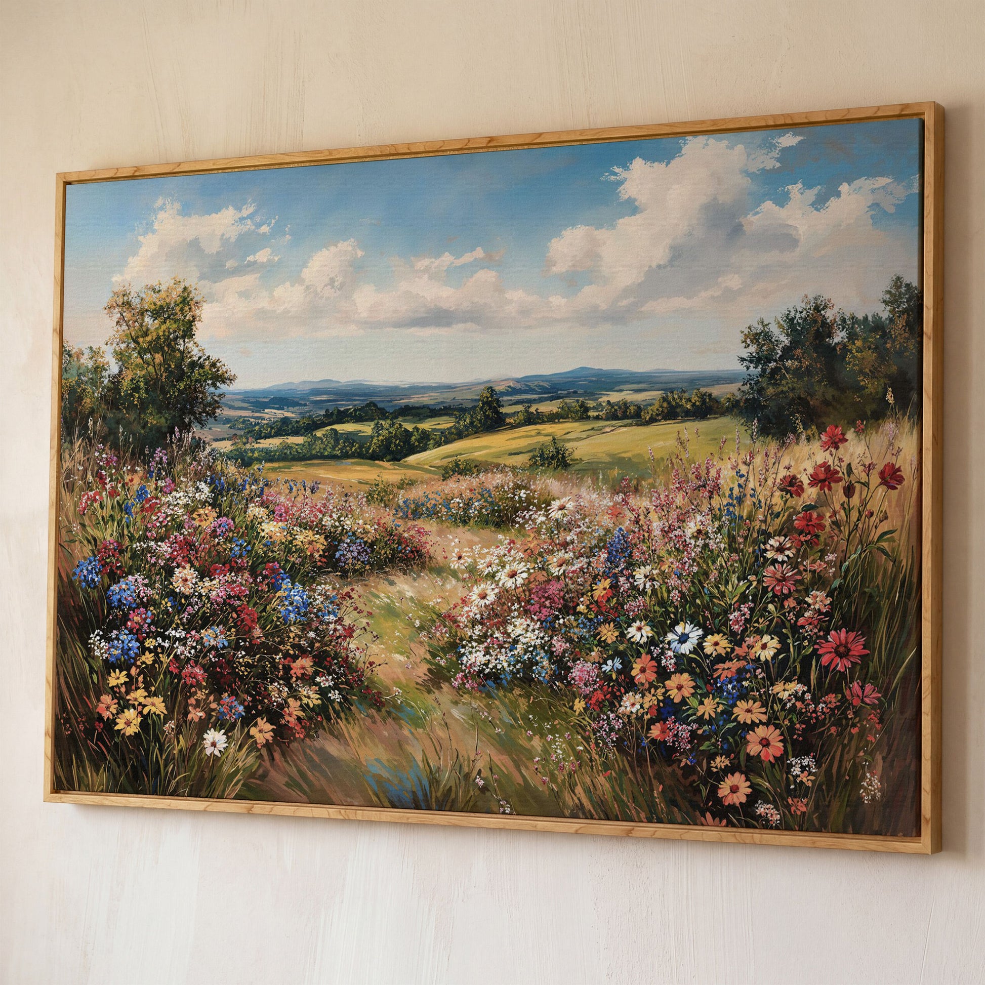 Wildflower Meadow and Rolling Hills Canvas Wall Art shown in white oak floating frame