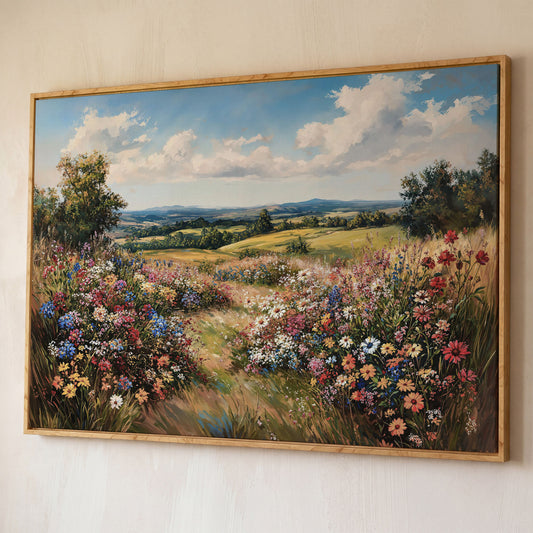 Wildflower Meadow and Rolling Hills Canvas Wall Art shown in white oak floating frame
