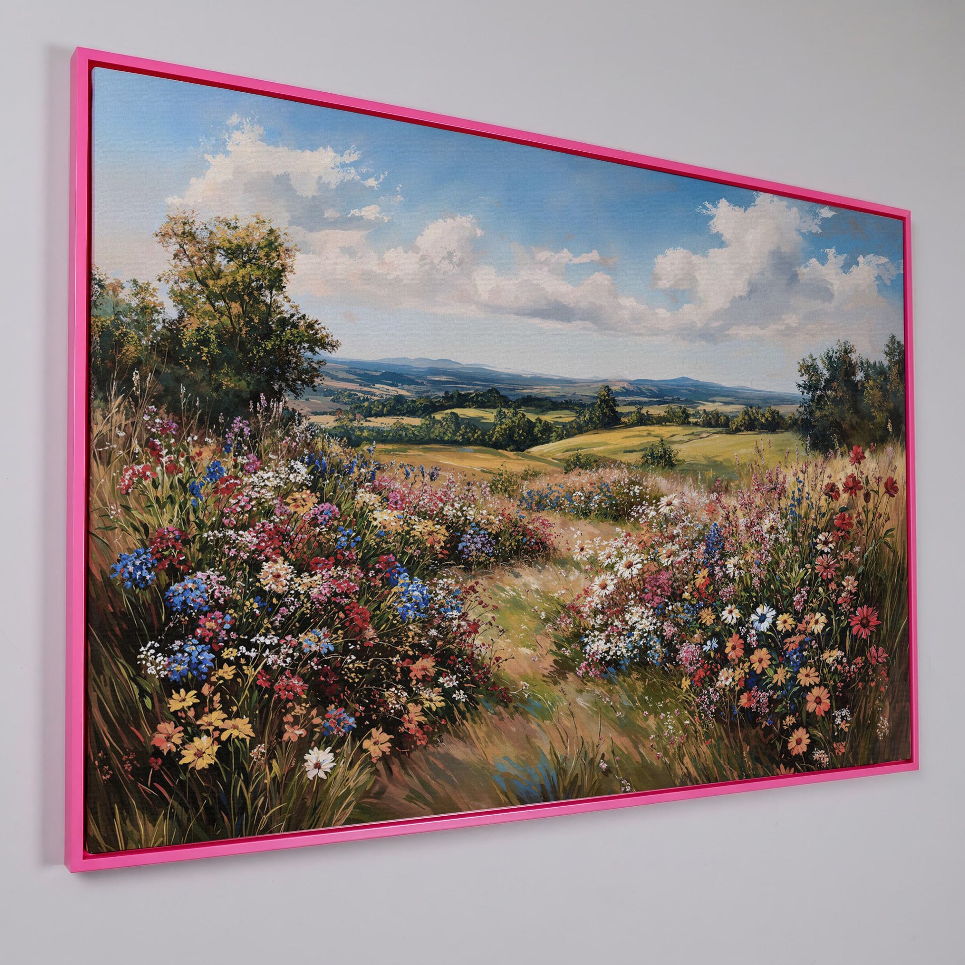 Wildflower Meadow and Rolling Hills Canvas Wall Art in pink floating frame