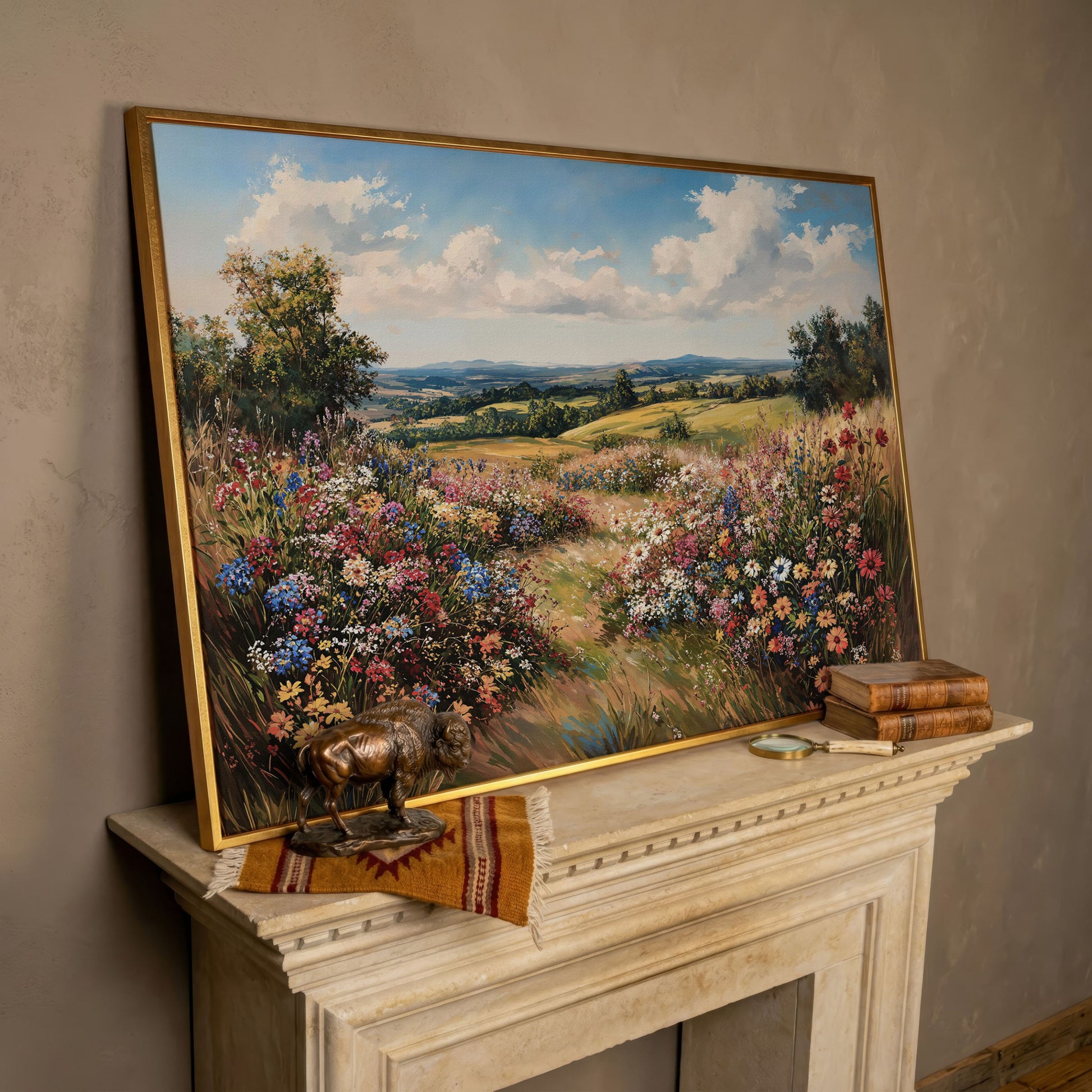 Wildflower Meadow and Rolling Hills Canvas Wall Art in rose gold floating frame