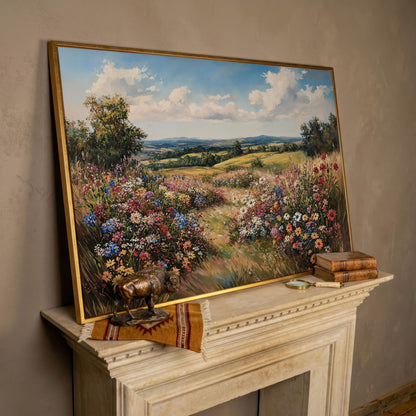 Wildflower Meadow and Rolling Hills Canvas Wall Art in rose gold floating frame