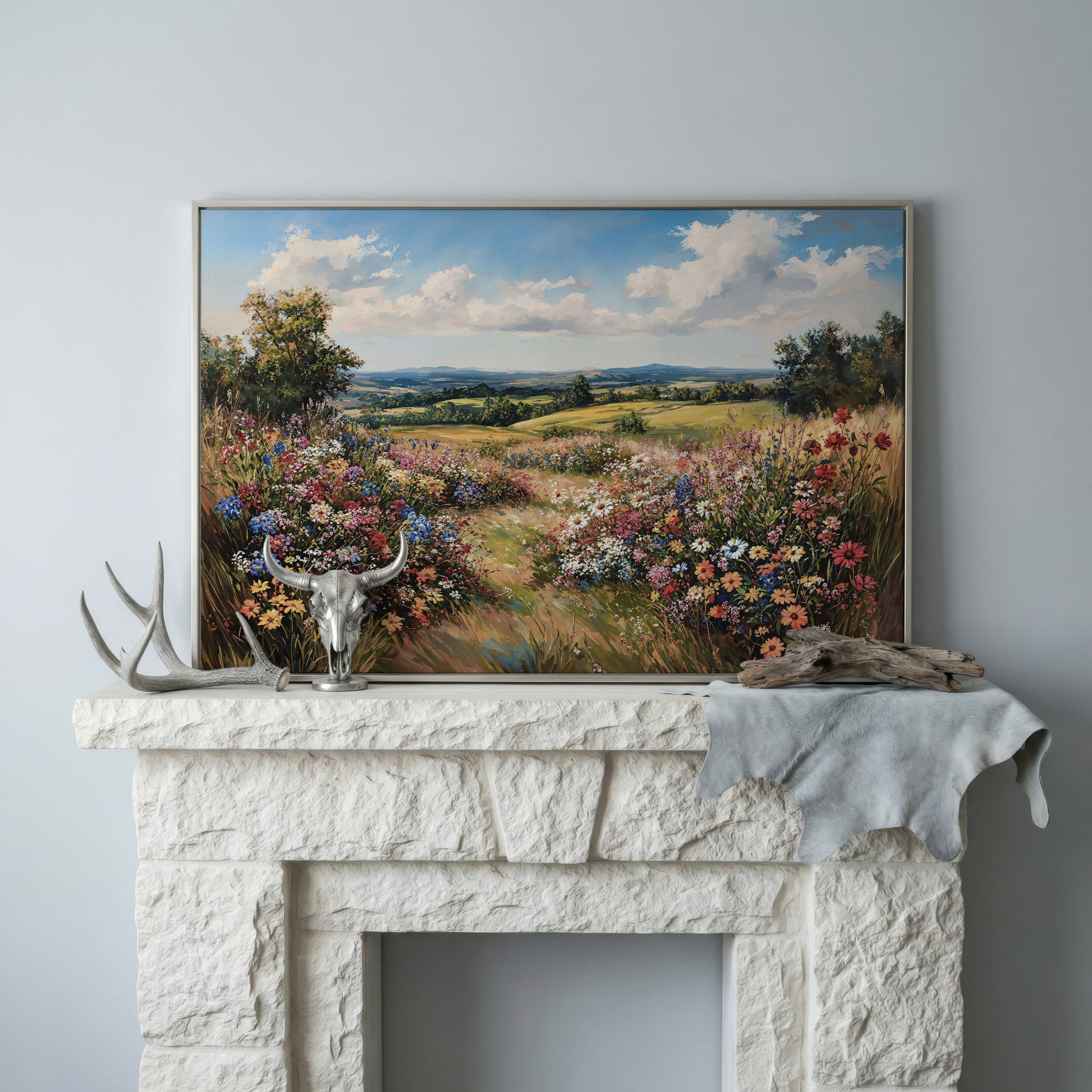 Wildflower Meadow and Rolling Hills Canvas Wall Art in silver floating frame