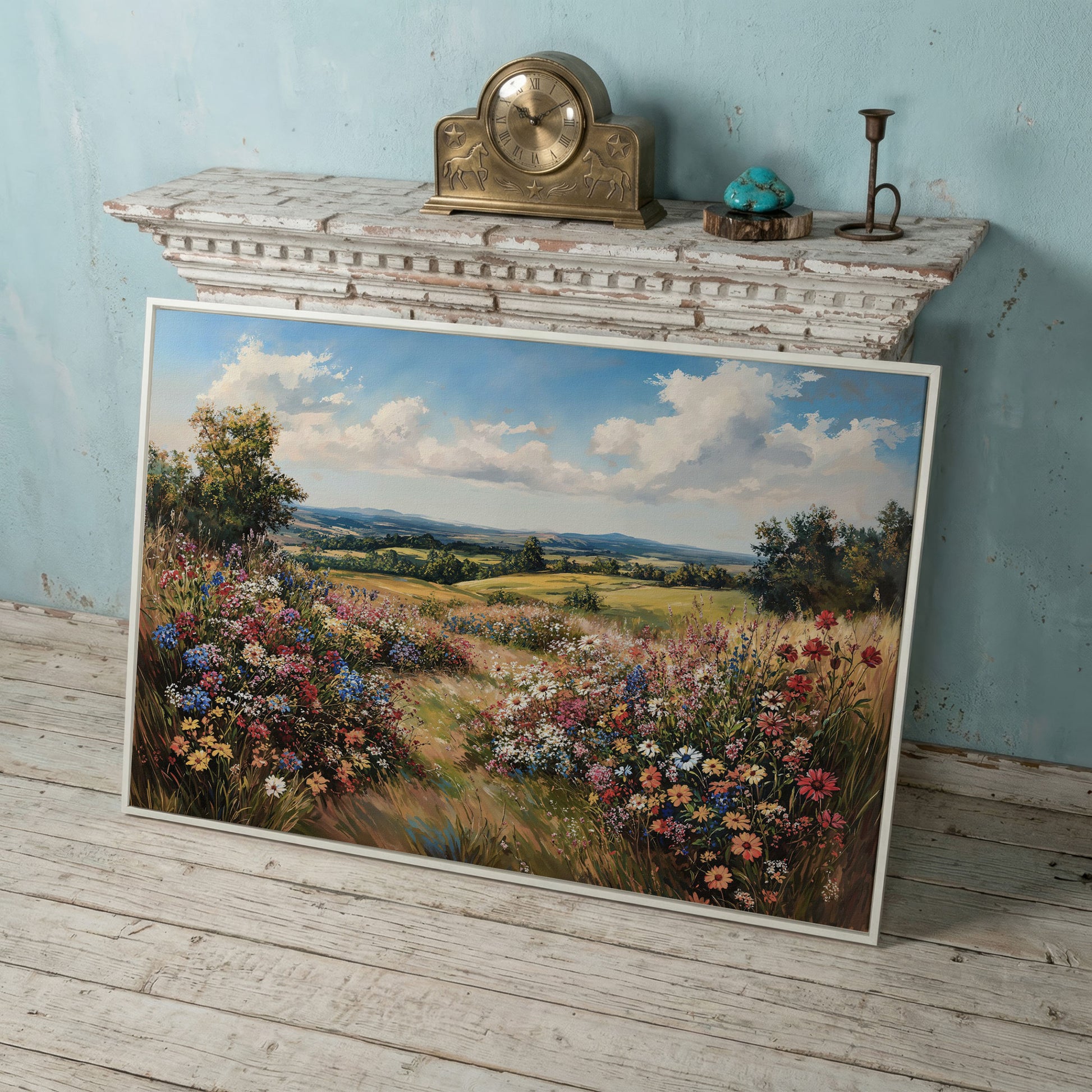Wildflower Meadow and Rolling Hills Canvas Wall Art in white floating frame
