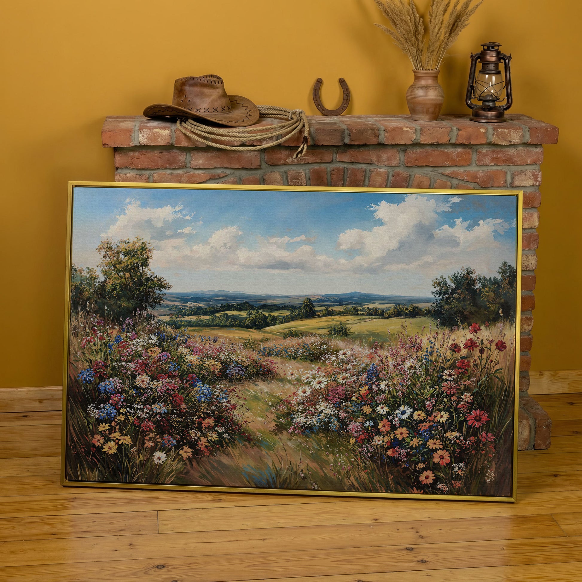 Wildflower Meadow and Rolling Hills Canvas Wall Art in yellow gold floating frame