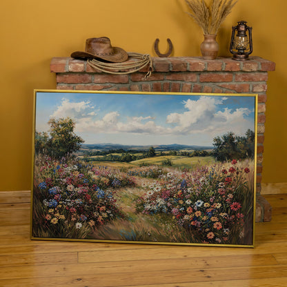 Wildflower Meadow and Rolling Hills Canvas Wall Art in yellow gold floating frame