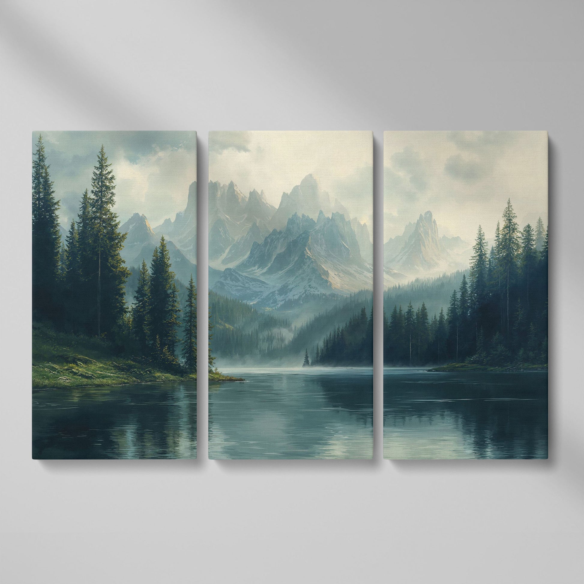 Misty Mountain Lake Canvas as 3-panel split version