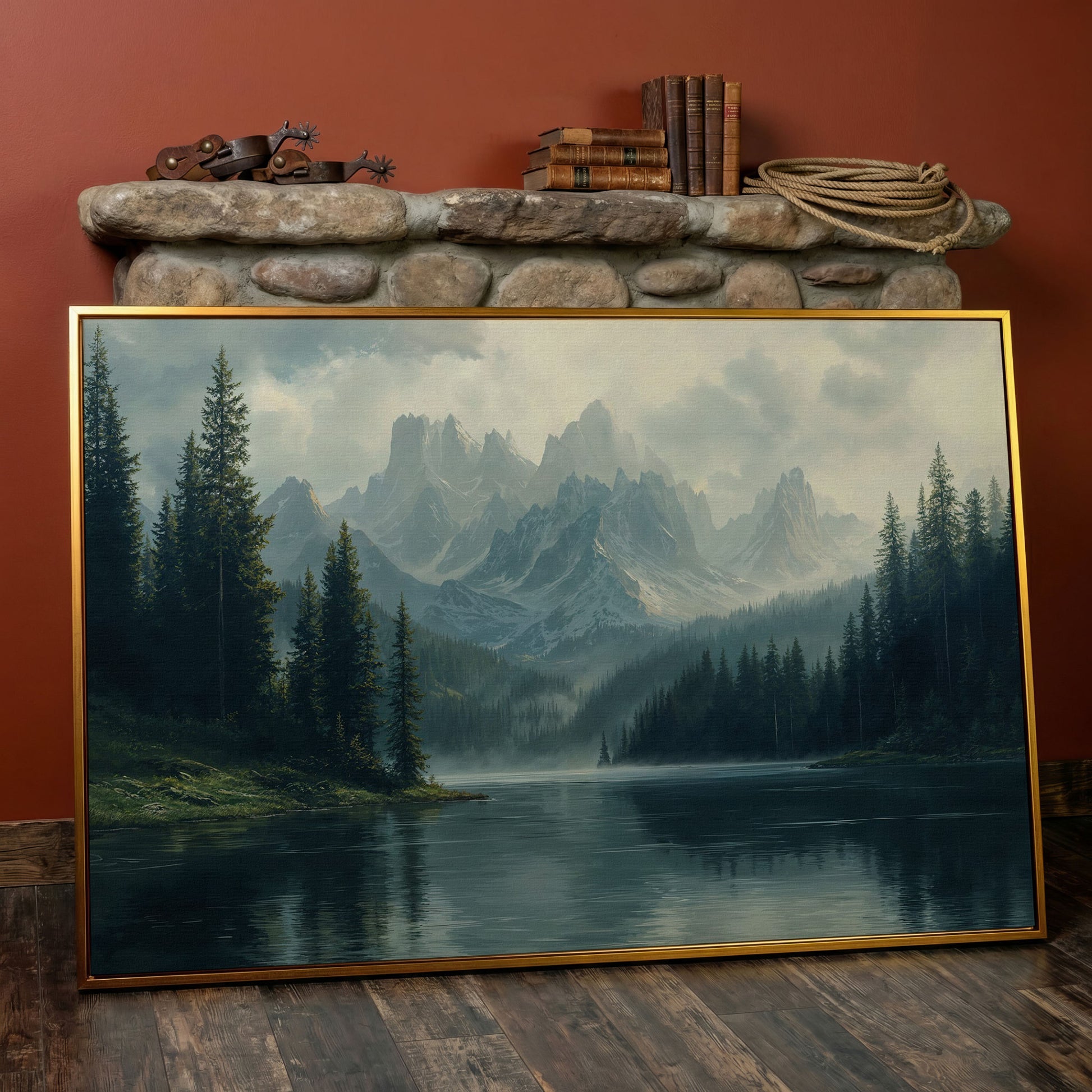 Misty Mountain Lake Canvas in antique gold floating frame