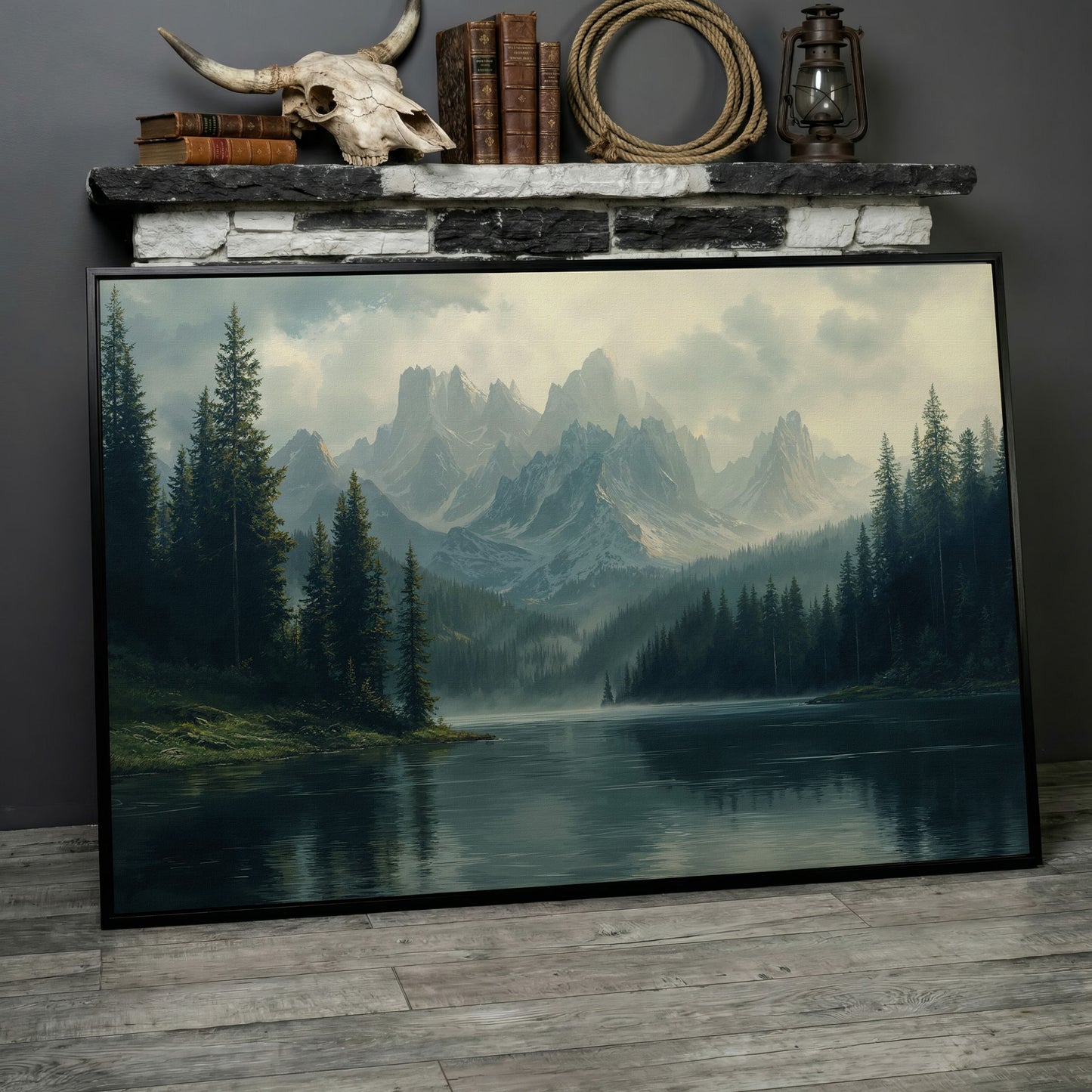 Misty Mountain Lake Canvas in black floating frame