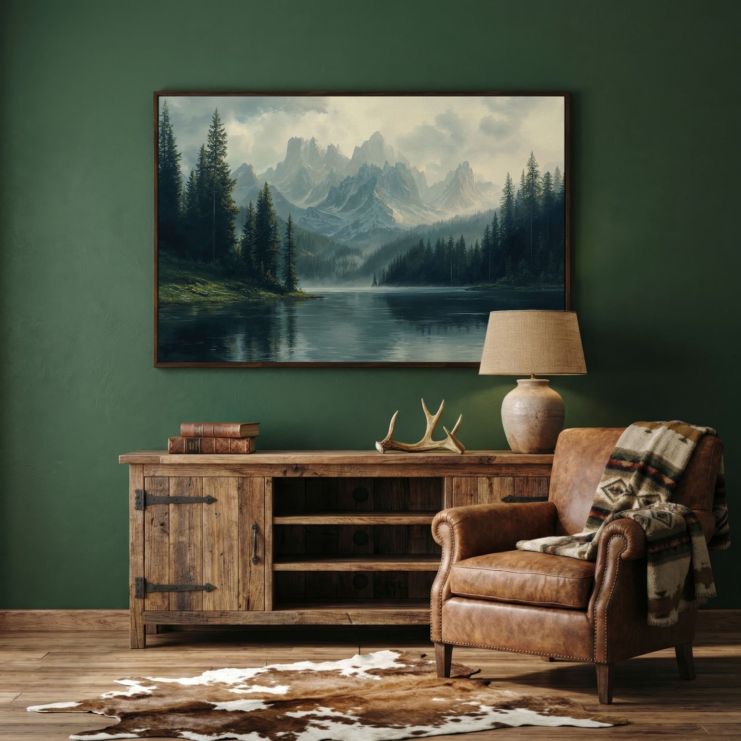 Misty Mountain Lake Canvas in dark walnut floating frame