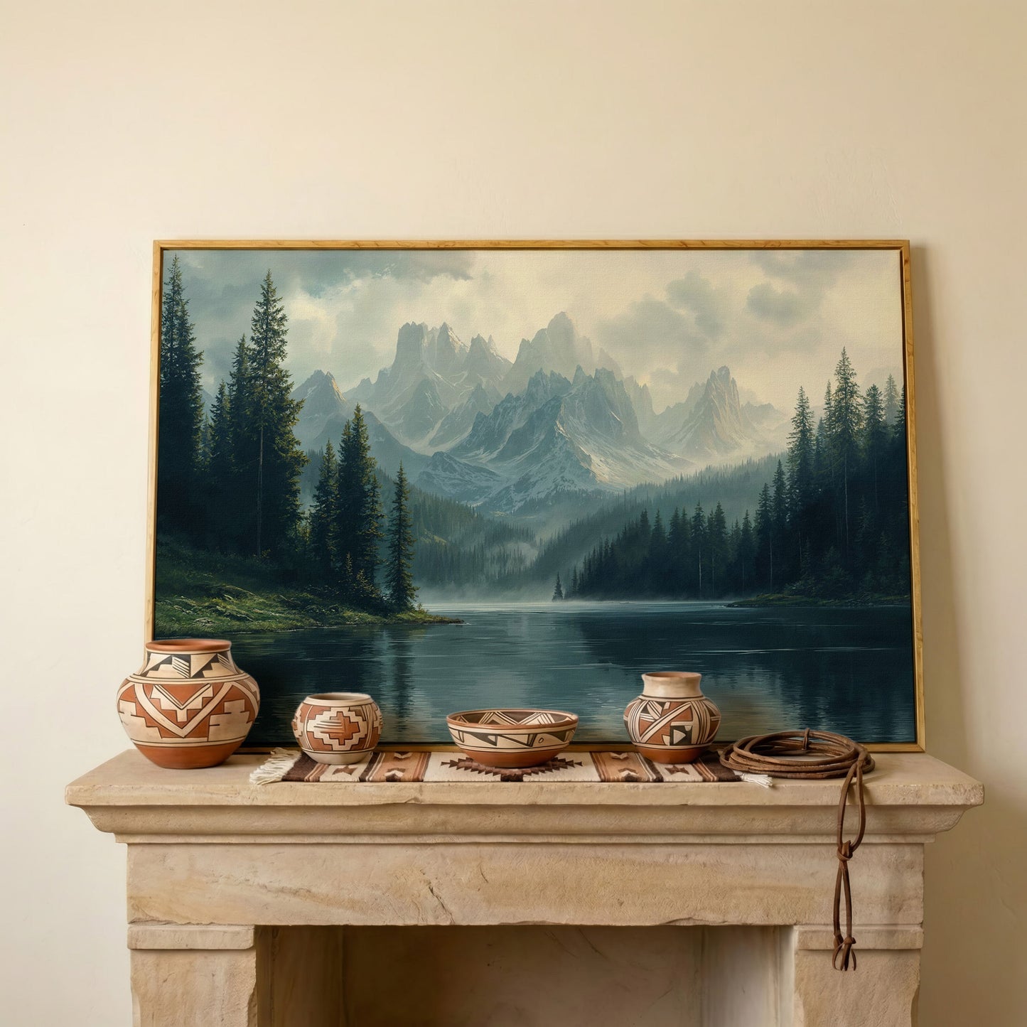 Misty Mountain Lake Canvas in white oak floating frame