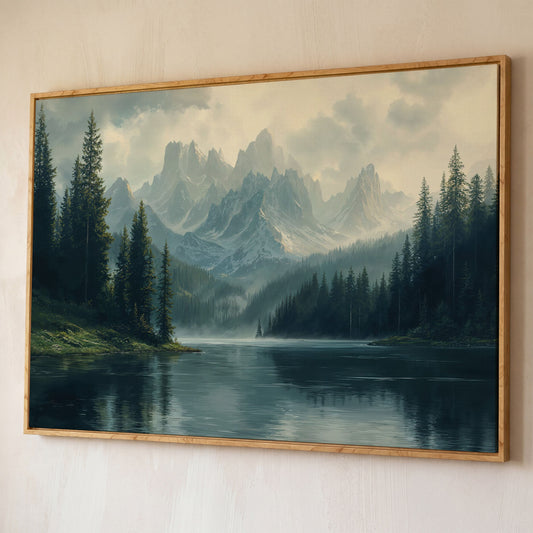Misty Mountain Lake Canvas shown in white oak floating frame