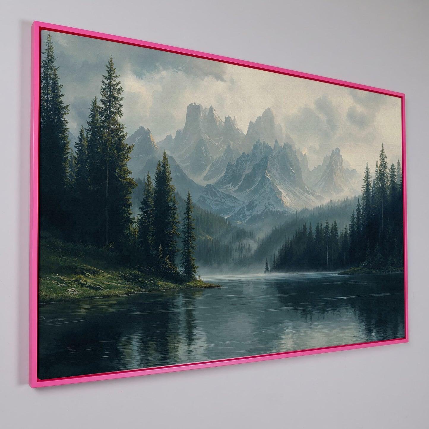 Misty Mountain Lake Canvas in pink floating frame