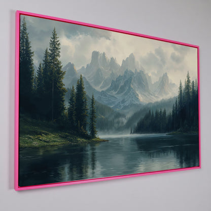 Misty Mountain Lake Canvas in pink floating frame