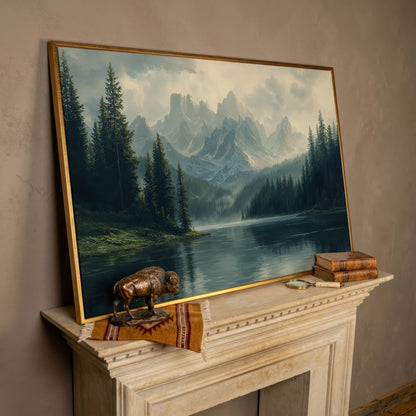 Misty Mountain Lake Canvas in rose gold floating frame