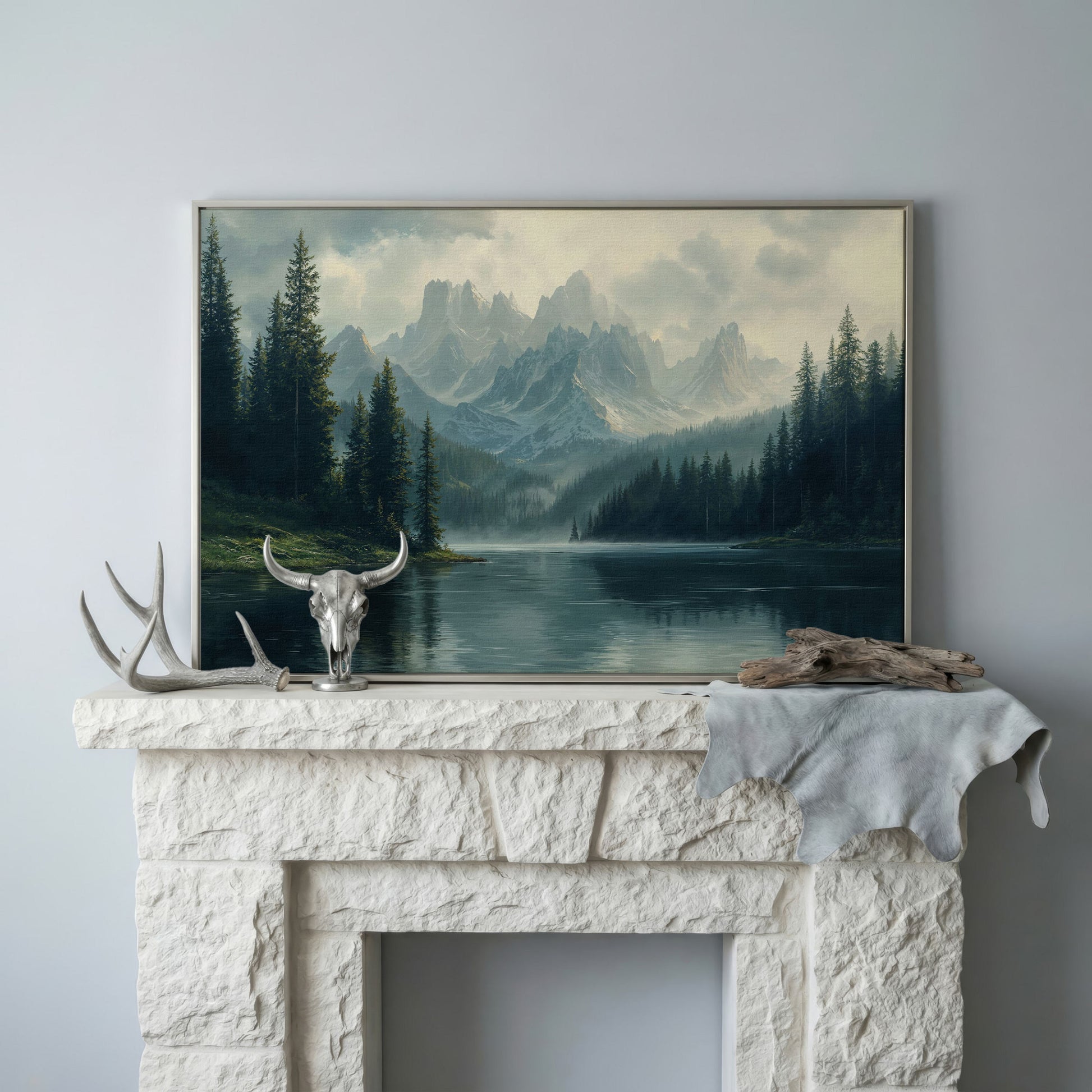 Misty Mountain Lake Canvas in silver floating frame