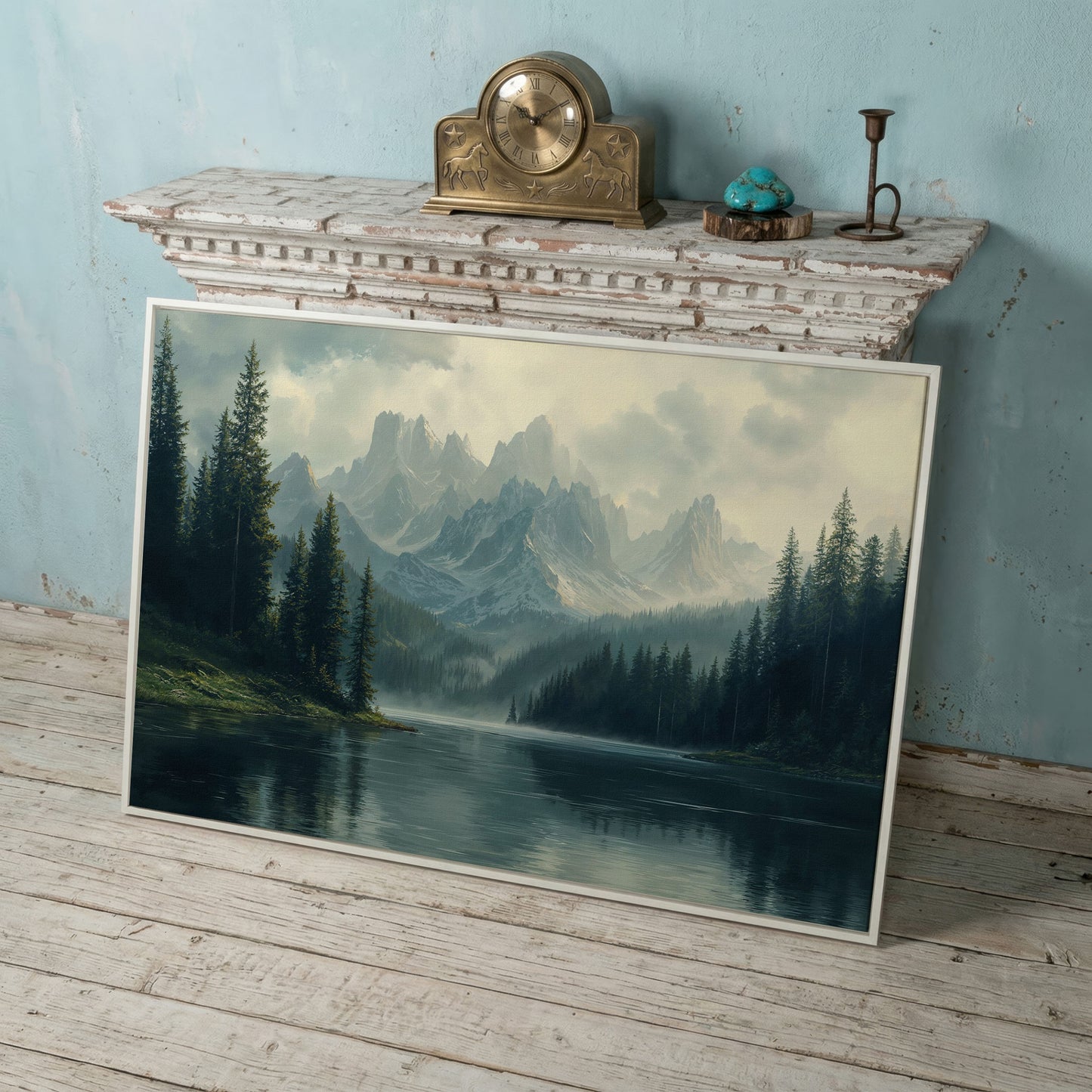 Misty Mountain Lake Canvas in white floating frame