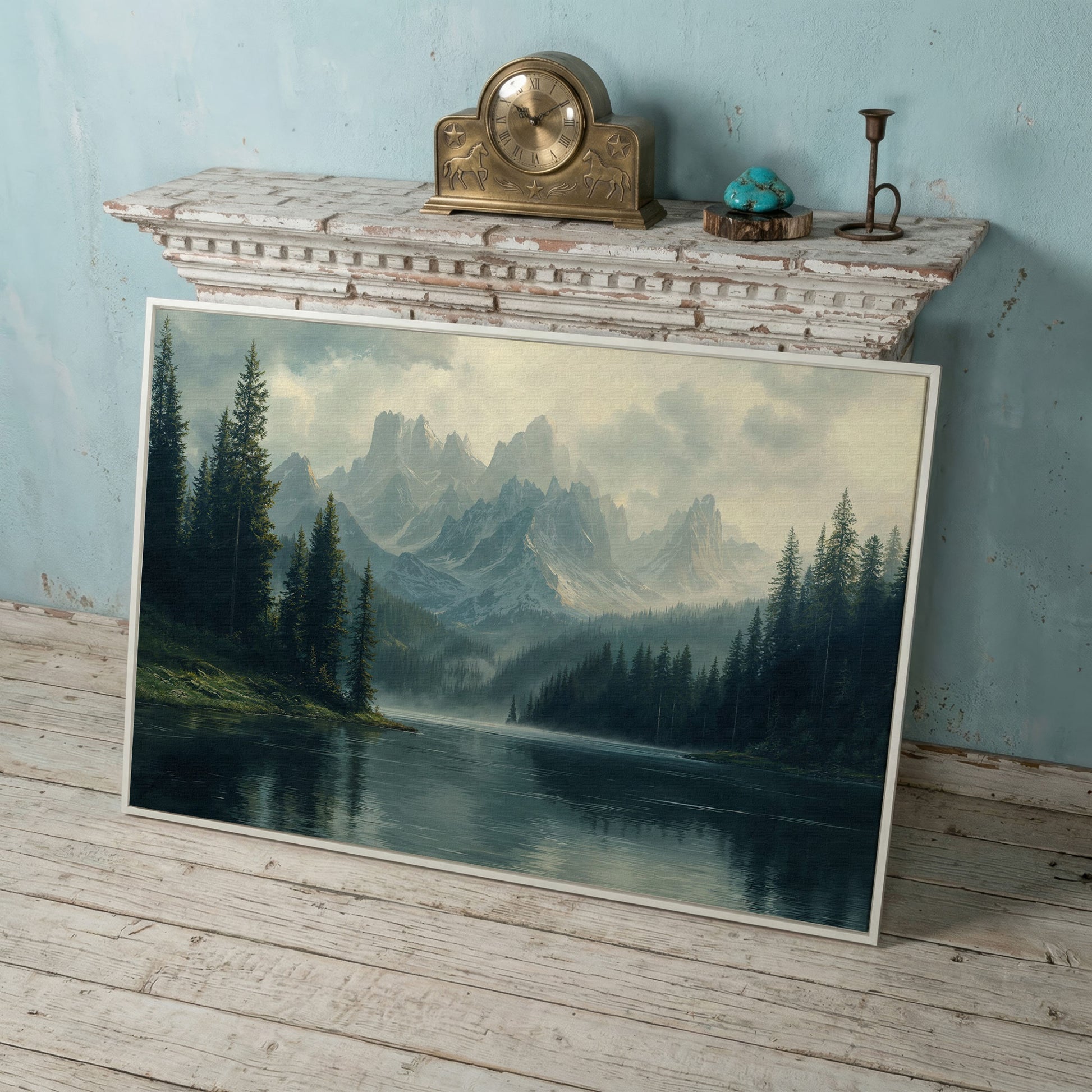 Misty Mountain Lake Canvas in white floating frame