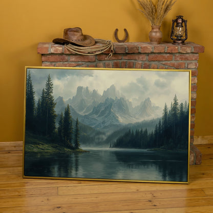 Misty Mountain Lake Canvas in yellow gold floating frame