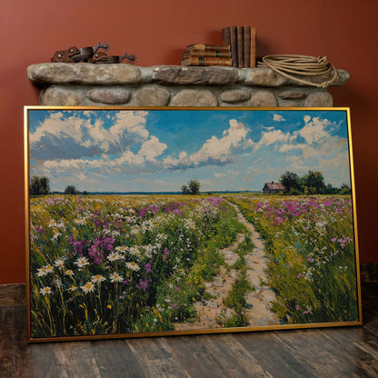 Wildflower Meadow & Farmhouse Canvas in antique gold floating frame